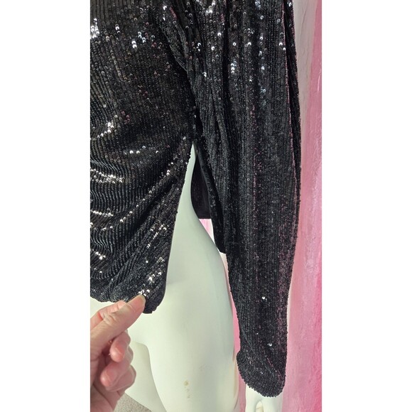 Express Black Sequin Rouched Stretch Evening Blouse Size Large - Picture 4 of 16